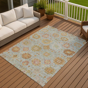 HomeRoots 9' X 12' Elegant Pale Aqua & Gold Damask Area Rug - Washable Indoor/Outdoor, Durable & Stylish! 657887