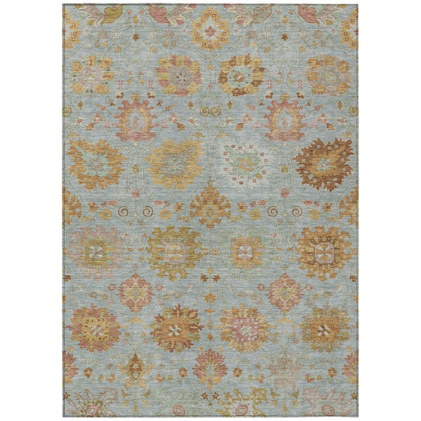 HomeRoots 9' X 12' Elegant Pale Aqua & Gold Damask Area Rug - Washable Indoor/Outdoor, Durable & Stylish! 657887