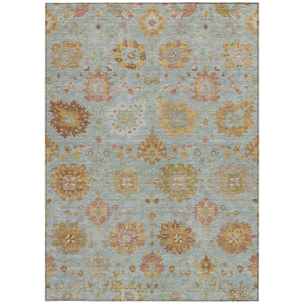HomeRoots 9' X 12' Elegant Pale Aqua & Gold Damask Area Rug - Washable Indoor/Outdoor, Durable & Stylish! 657887