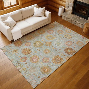 HomeRoots 9' X 12' Elegant Pale Aqua & Gold Damask Area Rug - Washable Indoor/Outdoor, Durable & Stylish! 657887