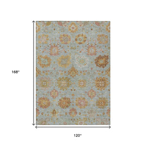 HomeRoots 10' Pale Aqua & Gold Damask Washable Area Rug – Stylish Indoor/Outdoor Accent for High-Traffic Spaces 657888