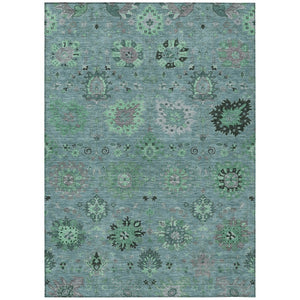 HomeRoots 5' Teal Blue and Gray Damask Area Rug - Washable Indoor/Outdoor, Durable, Stylish for Any Space 657890
