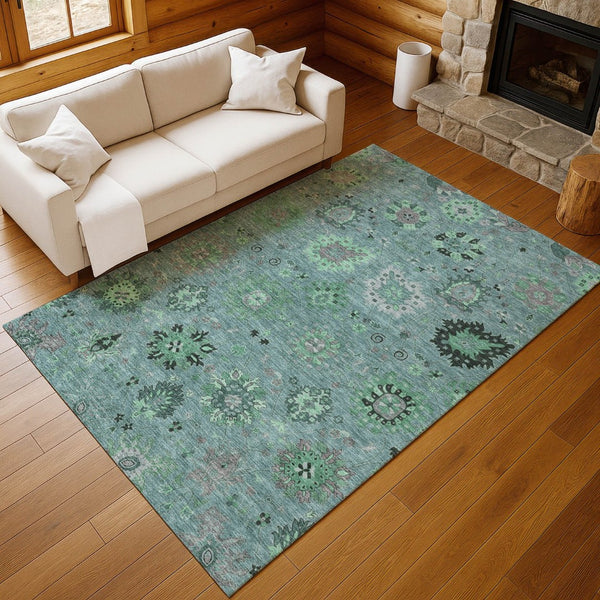 HomeRoots 5' Teal Blue and Gray Damask Area Rug - Washable Indoor/Outdoor, Durable, Stylish for Any Space 657890
