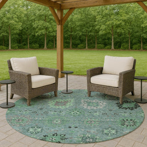 HomeRoots 8' Teal Blue and Gray Round Damask Rug - Stylish, Washable, Durable for Indoor & Outdoor Spaces 657891