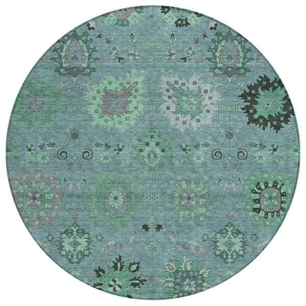 HomeRoots 8' Teal Blue and Gray Round Damask Rug - Stylish, Washable, Durable for Indoor & Outdoor Spaces 657891