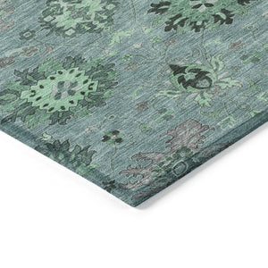 HomeRoots 8' Teal Blue and Gray Round Damask Rug - Stylish, Washable, Durable for Indoor & Outdoor Spaces 657891