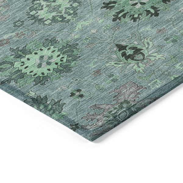 HomeRoots 8' Teal Blue and Gray Round Damask Rug - Stylish, Washable, Durable for Indoor & Outdoor Spaces 657891