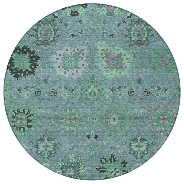 HomeRoots 8' Teal Blue and Gray Round Damask Rug - Stylish, Washable, Durable for Indoor & Outdoor Spaces 657891