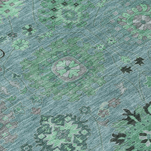 HomeRoots 8' Teal Blue and Gray Round Damask Rug - Stylish, Washable, Durable for Indoor & Outdoor Spaces 657891