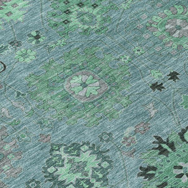HomeRoots 8' Teal Blue and Gray Round Damask Rug - Stylish, Washable, Durable for Indoor & Outdoor Spaces 657891
