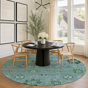 HomeRoots 8' Teal Blue and Gray Round Damask Rug - Stylish, Washable, Durable for Indoor & Outdoor Spaces 657891