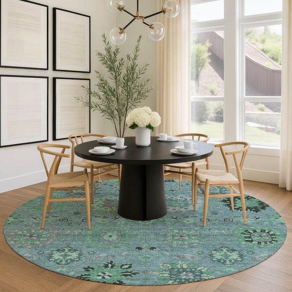 HomeRoots 8' Teal Blue and Gray Round Damask Rug - Stylish, Washable, Durable for Indoor & Outdoor Spaces 657891