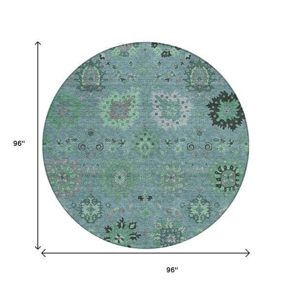HomeRoots 8' Teal Blue and Gray Round Damask Rug - Stylish, Washable, Durable for Indoor & Outdoor Spaces 657891