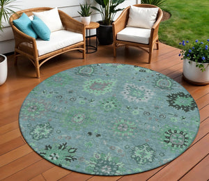 HomeRoots 8' Teal Blue and Gray Round Damask Rug - Stylish, Washable, Durable for Indoor & Outdoor Spaces 657891
