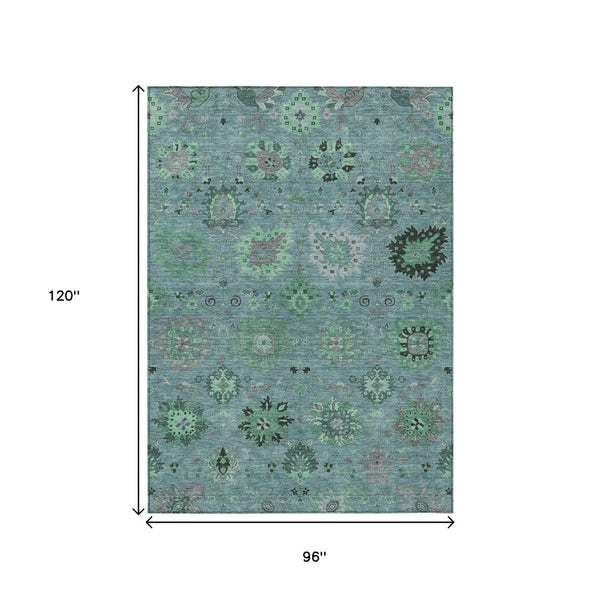 HomeRoots 8' x 10' Teal Blue and Gray Damask Area Rug - Stylish, Durable, Washable for Indoor & Outdoor Use 657892