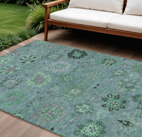HomeRoots 8' x 10' Teal Blue and Gray Damask Area Rug - Stylish, Durable, Washable for Indoor & Outdoor Use 657892