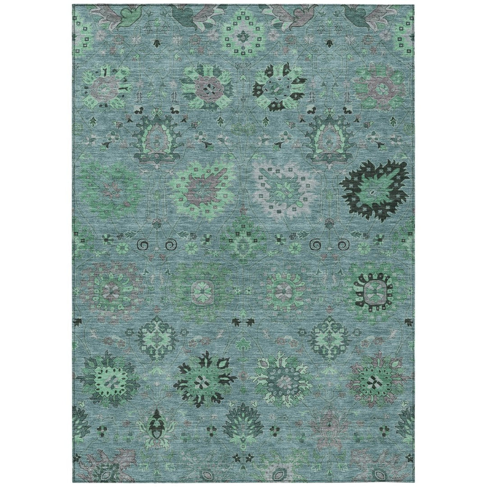 HomeRoots 8' x 10' Teal Blue and Gray Damask Area Rug - Stylish, Durable, Washable for Indoor & Outdoor Use 657892
