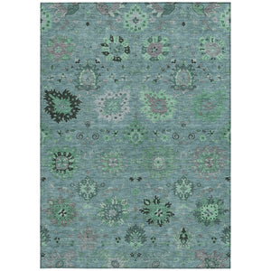 HomeRoots 8' x 10' Teal Blue and Gray Damask Area Rug - Stylish, Durable, Washable for Indoor & Outdoor Use 657892