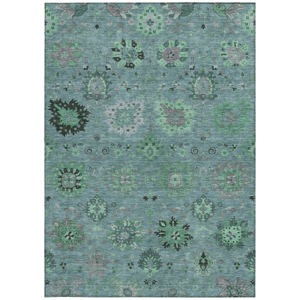 HomeRoots 8' x 10' Teal Blue and Gray Damask Area Rug - Stylish, Durable, Washable for Indoor & Outdoor Use 657892