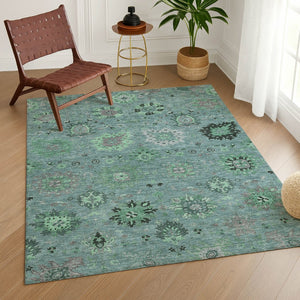 HomeRoots 8' x 10' Teal Blue and Gray Damask Area Rug - Stylish, Durable, Washable for Indoor & Outdoor Use 657892