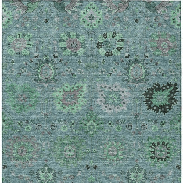 HomeRoots 9' Teal Blue and Gray Damask Area Rug – Stylish, Washable Indoor-Outdoor Décor for High-Traffic Spaces 657893