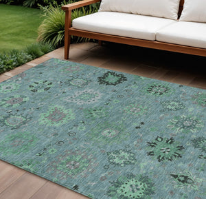 HomeRoots 9' Teal Blue and Gray Damask Area Rug – Stylish, Washable Indoor-Outdoor Décor for High-Traffic Spaces 657893