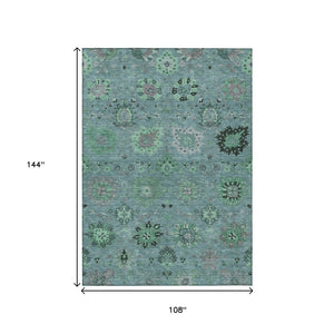 HomeRoots 9' Teal Blue and Gray Damask Area Rug – Stylish, Washable Indoor-Outdoor Décor for High-Traffic Spaces 657893