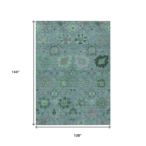 HomeRoots 9' Teal Blue and Gray Damask Area Rug – Stylish, Washable Indoor-Outdoor Décor for High-Traffic Spaces 657893