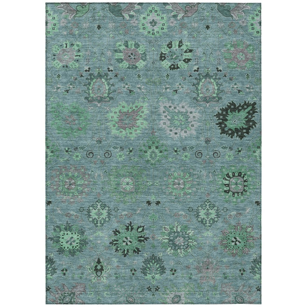 HomeRoots 10' Teal Blue & Gray Damask Area Rug - Washable, Durable, Perfect for Indoor & Outdoor Spaces! 657894