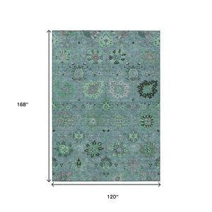HomeRoots 10' Teal Blue & Gray Damask Area Rug - Washable, Durable, Perfect for Indoor & Outdoor Spaces! 657894