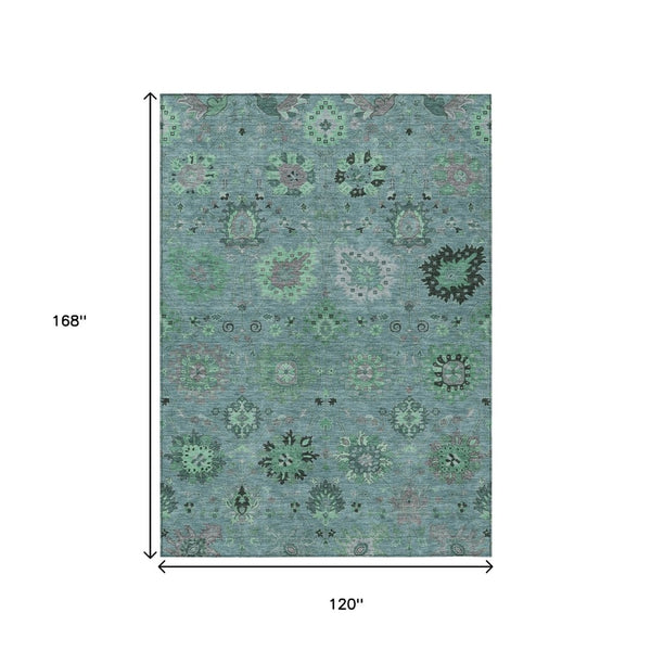 HomeRoots 10' Teal Blue & Gray Damask Area Rug - Washable, Durable, Perfect for Indoor & Outdoor Spaces! 657894
