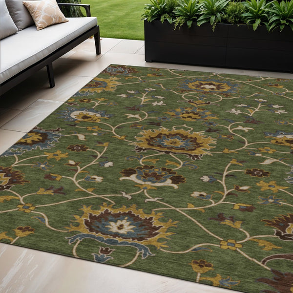 HomeRoots 5' X 8' Artichoke Green Floral Area Rug - Durable, Washable, Stylish for Indoor & Outdoor Spaces! 657896