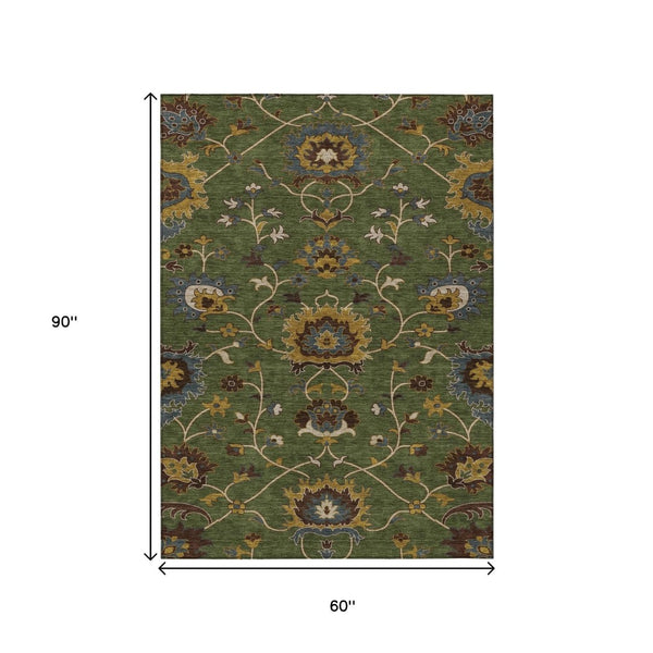 HomeRoots 5' X 8' Artichoke Green Floral Area Rug - Durable, Washable, Stylish for Indoor & Outdoor Spaces! 657896