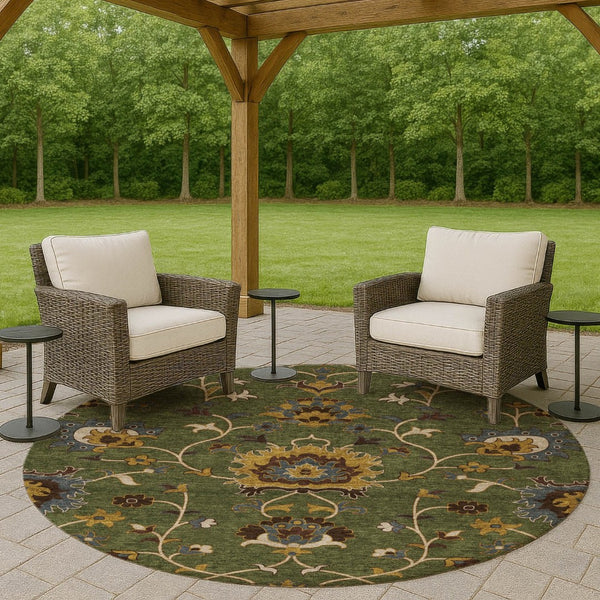 HomeRoots 8' Vibrant Artichoke Green Gold & Blue Round Floral Area Rug - Washable for Indoor & Outdoor Style! 657897