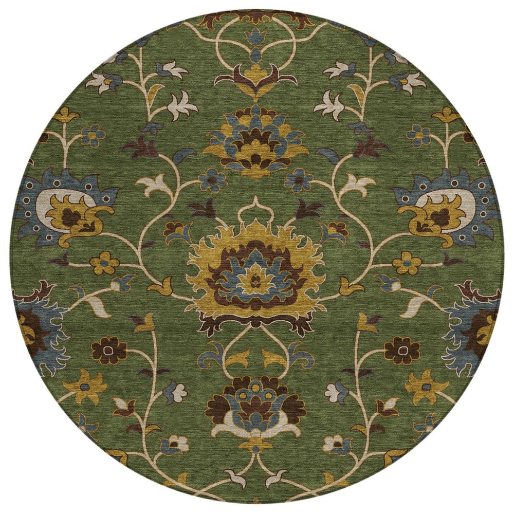 HomeRoots 8' Vibrant Artichoke Green Gold & Blue Round Floral Area Rug - Washable for Indoor & Outdoor Style! 657897