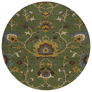 HomeRoots 8' Vibrant Artichoke Green Gold & Blue Round Floral Area Rug - Washable for Indoor & Outdoor Style! 657897