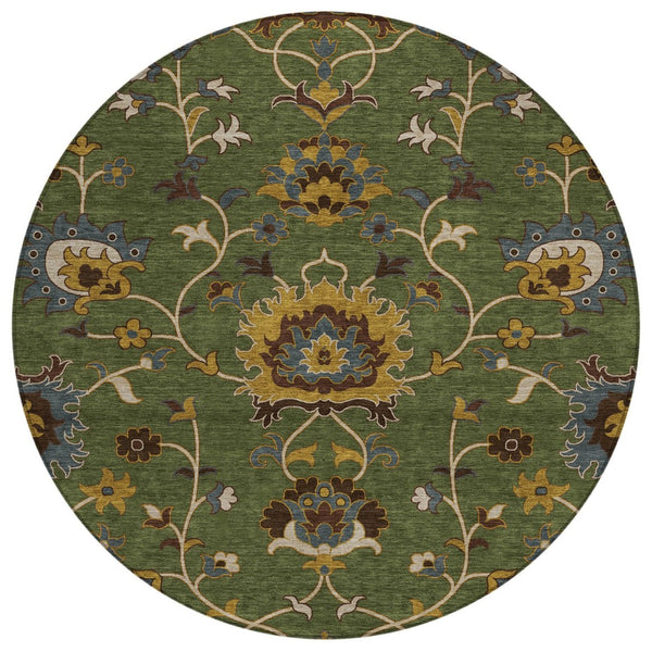 HomeRoots 8' Vibrant Artichoke Green Gold & Blue Round Floral Area Rug - Washable for Indoor & Outdoor Style! 657897