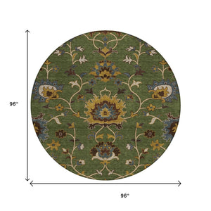 HomeRoots 8' Vibrant Artichoke Green Gold & Blue Round Floral Area Rug - Washable for Indoor & Outdoor Style! 657897
