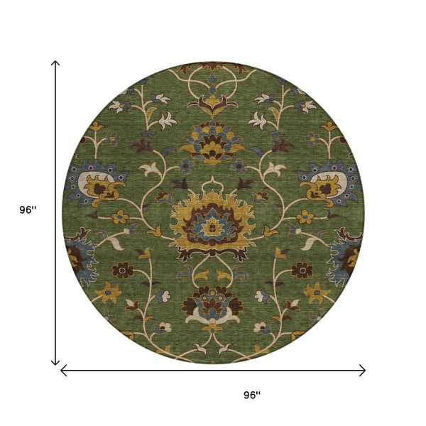 HomeRoots 8' Vibrant Artichoke Green Gold & Blue Round Floral Area Rug - Washable for Indoor & Outdoor Style! 657897