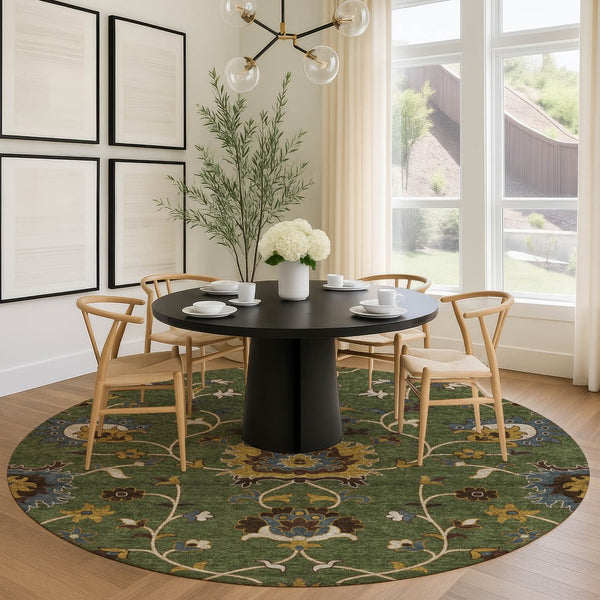 HomeRoots 8' Vibrant Artichoke Green Gold & Blue Round Floral Area Rug - Washable for Indoor & Outdoor Style! 657897