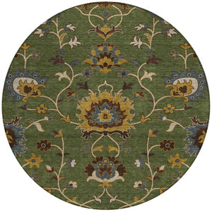 HomeRoots 8' Vibrant Artichoke Green Gold & Blue Round Floral Area Rug - Washable for Indoor & Outdoor Style! 657897