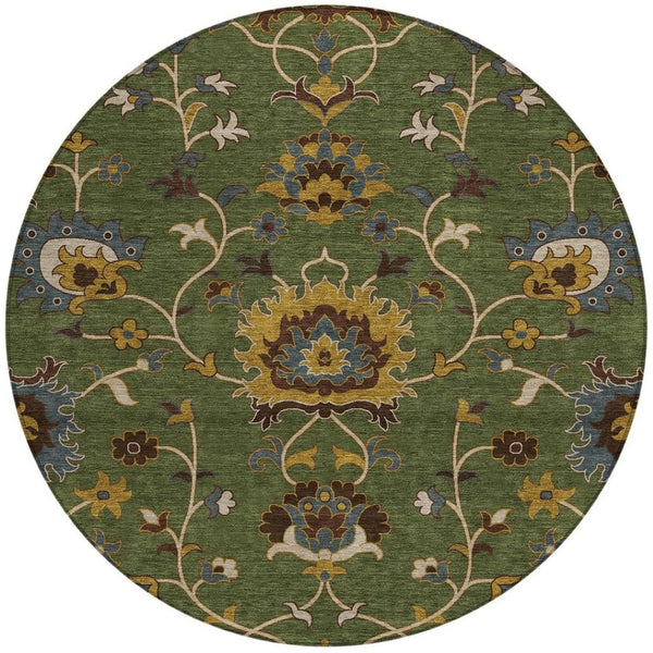 HomeRoots 8' Vibrant Artichoke Green Gold & Blue Round Floral Area Rug - Washable for Indoor & Outdoor Style! 657897