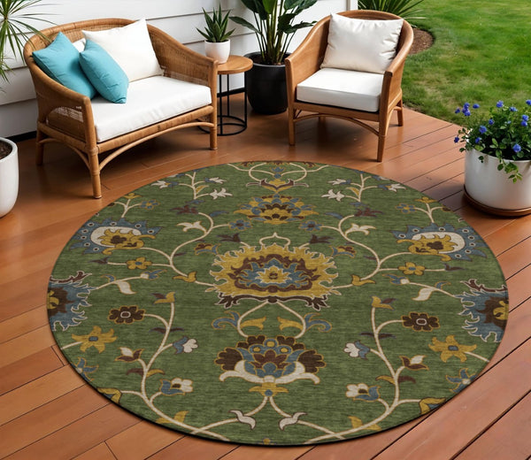 HomeRoots 8' Vibrant Artichoke Green Gold & Blue Round Floral Area Rug - Washable for Indoor & Outdoor Style! 657897