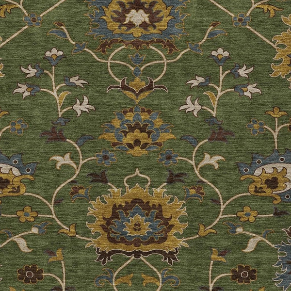 HomeRoots 9' X 12' Washable Floral Area Rug in Artichoke Green, Gold & Blue - Perfect for Indoor/Outdoor Use! 657899