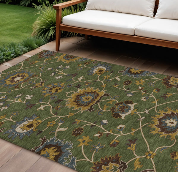 HomeRoots 10' Artichoke Green Floral Area Rug - Durable, Washable Design for Indoor/Outdoor Elegance & Style 657900