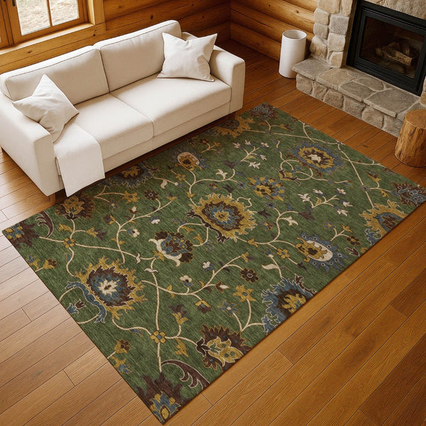HomeRoots 10' Artichoke Green Floral Area Rug - Durable, Washable Design for Indoor/Outdoor Elegance & Style 657900