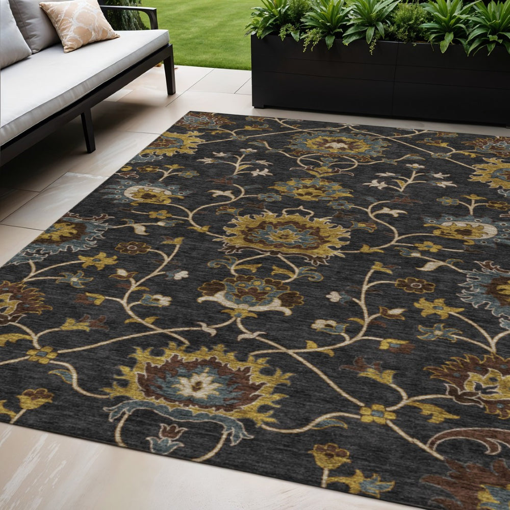HomeRoots 5' X 8' Elegant Black Gold Blue Floral Washable Rug - Stylish, Durable, Indoor/Outdoor Versatility 657902