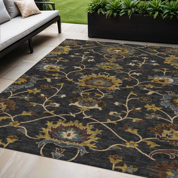 HomeRoots 5' X 8' Elegant Black Gold Blue Floral Washable Rug - Stylish, Durable, Indoor/Outdoor Versatility 657902