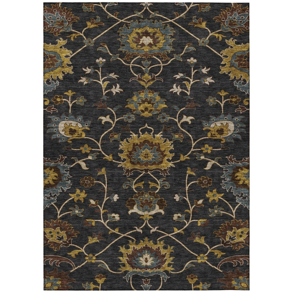 HomeRoots 5' X 8' Elegant Black Gold Blue Floral Washable Rug - Stylish, Durable, Indoor/Outdoor Versatility 657902