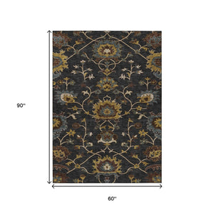HomeRoots 5' X 8' Elegant Black Gold Blue Floral Washable Rug - Stylish, Durable, Indoor/Outdoor Versatility 657902